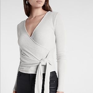 Ribbed Faux Wrap Tie Waist Long Sleeve Top